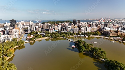 Fotografie Fukuoka City, Kyushu, Japan –Aerial Drone View of City Skyline, CBD, Ohori Park,