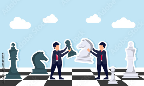 two businessmen playing chess on a chessboard illustration of competitive business rivalry and strategy