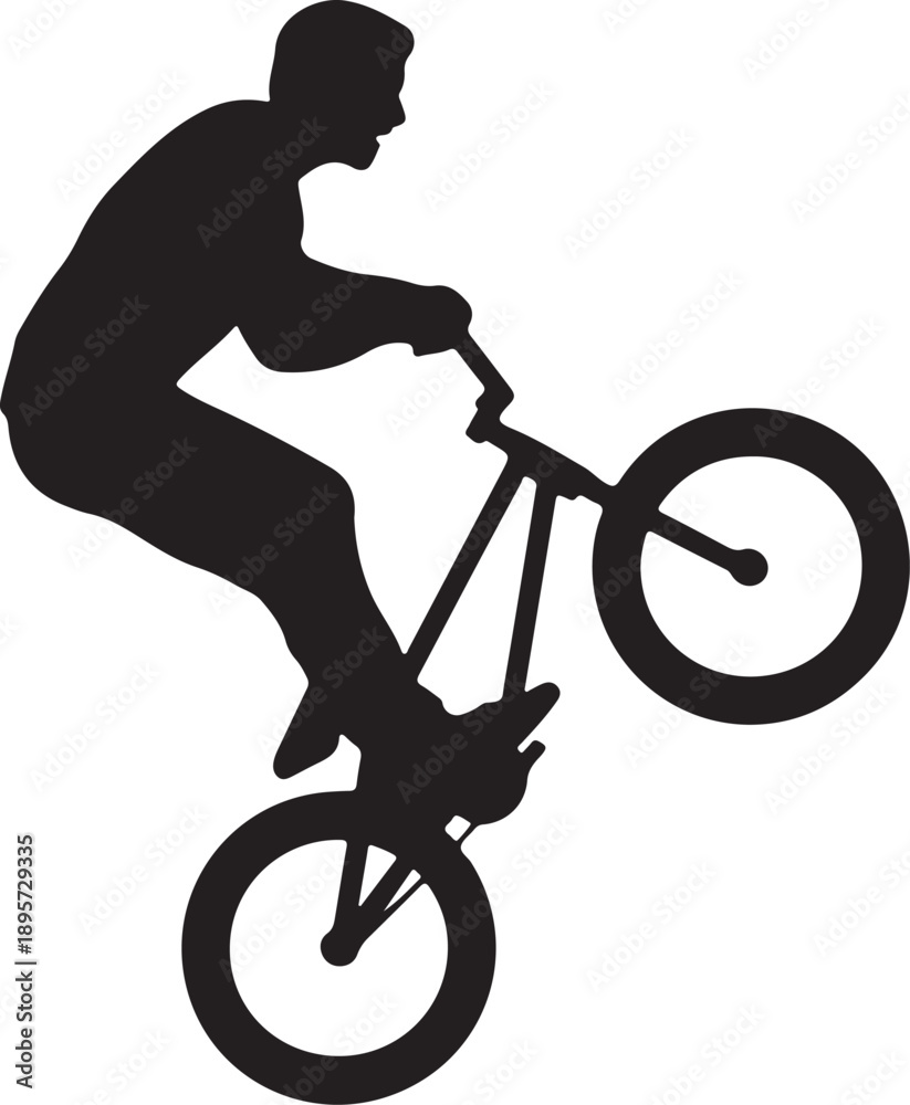 Fototapeta premium Bmx biker doing a wheelie stunt silhouette graphic vector illustration, freestyle cycling action