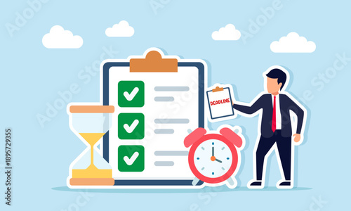 businessman holding documents standing near checklist hourglass and alarm clock illustration of time management at work