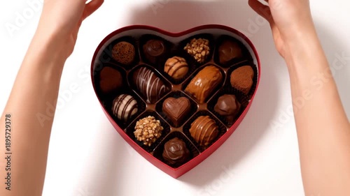 Top-Down Heart-Shaped Chocolate Box Opening on White Background