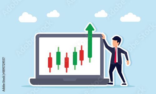 businessman standing near laptop with rising green candlestick breaking through screen illustration of stock profit breakout