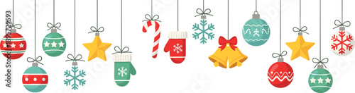 Christmas Hanging Ornament Garland Illustration with Colorful Baubles Stars Bells Candy Canes and Snowflakes Flat Vector Design Set
