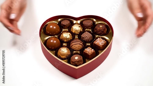 Top-Down Heart-Shaped Chocolate Box Opening on White Background