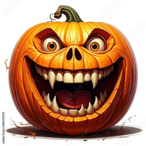 Carved grinning pumpkin with sharp teeth, wide eyes, and a menacing expression, isolated on a white background