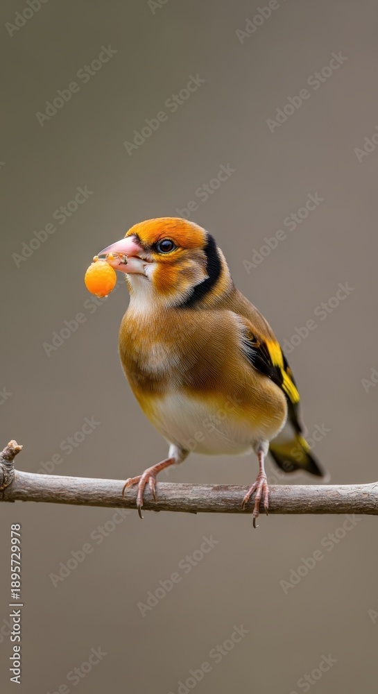 Fototapeta premium European Goldfinch Perched on Branch with Berry in Beak.