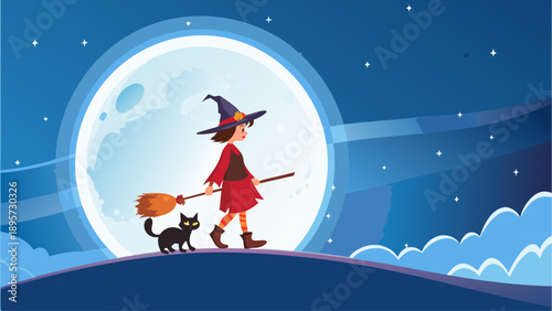 Cute witch and black cat under a magical moonlit sky