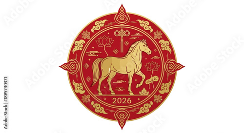 A vibrant red and gold ornament icon featuring a horse design for Chinese New Year 2026, symbolizing the Fire Horse in a traditional circular composition with intricate patterns.