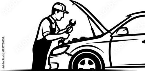 Monochrome illustration of a mechanic repairing a car with open

