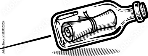 Engraved illustration featuring a message in a bottle connected
