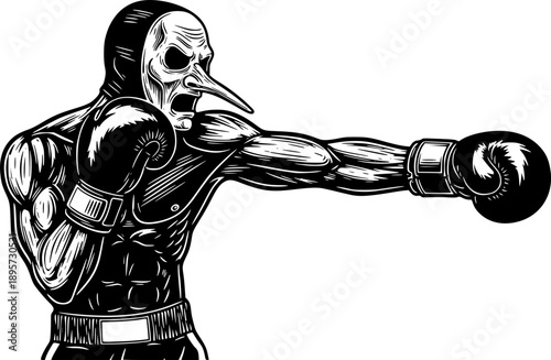 Eerie Boxing Match: Woodcut Illustration of a Masked Boxer in th
