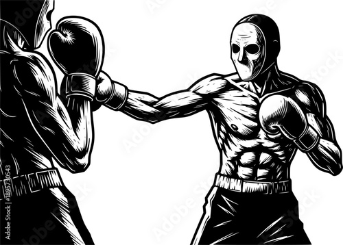 Eerie Boxing Match: Woodcut Illustration of a Masked Boxer in th
