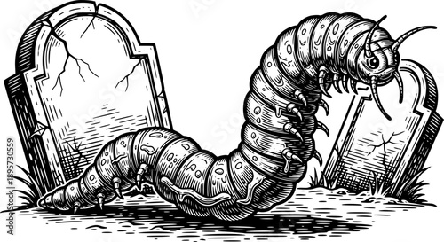 Engraved style creepy crawly worm near tombstones illustration v
