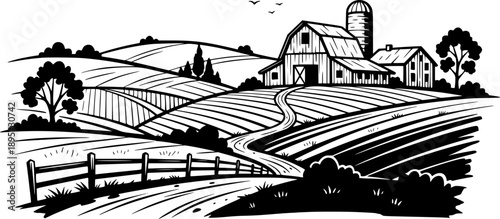 Rustic Farm Landscape Illustration with Sumi-e Ink Brushstroke T
