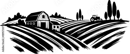 Rustic Farm Landscape Illustration with Sumi-e Ink Brushstroke T
