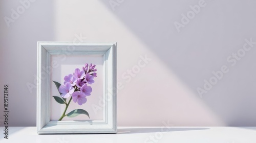 A Delicate Lilac Blossom Framed in a Simple White Frame Against a Soft Pink Wall with Gentle Sunlight