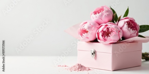 A Delicate Pink Gift Box Adorned with a Trio of Blooming Peonies and a Sprinkle of Powder