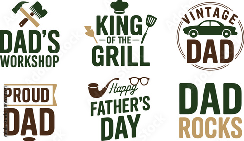 Fathers Day lettering designs, dad workshop tools, grill king celebration, vintage dad, happy fathers day pipe