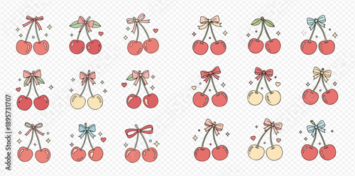 Set of cute cherry illustrations with bows and sparkles, perfect for sweet designs and summer themes.