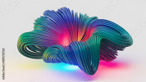 Vibrant abstract structure made of numerous multicolored, tightly packed, flowing lines twists dynamically in space with bright internal illumination creating a focal point.