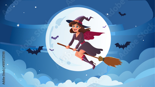 Smiling witch flying on broomstick under full moon with bats