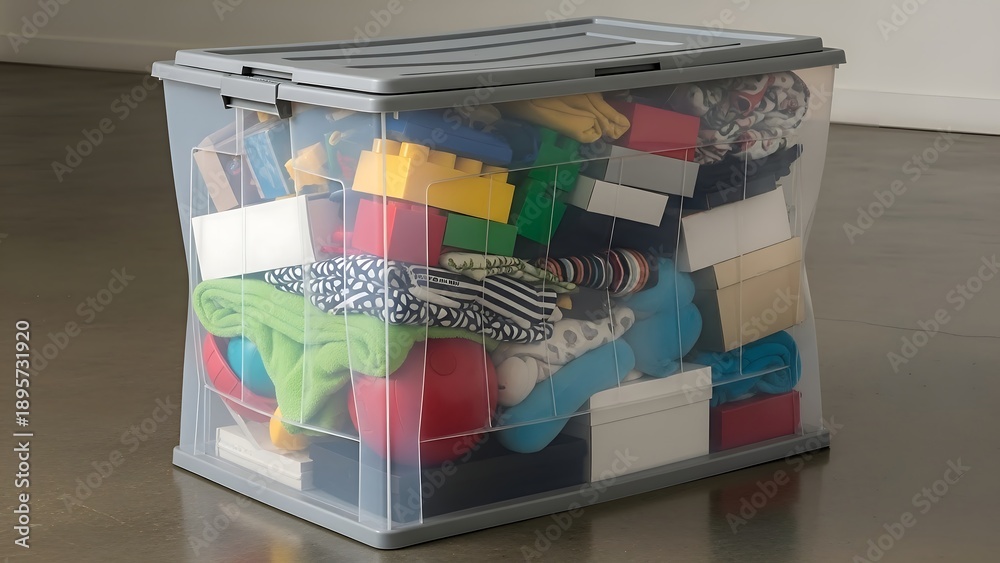 Fototapeta premium Translucent Storage Bin Overflowing with Assorted Items and Clothing