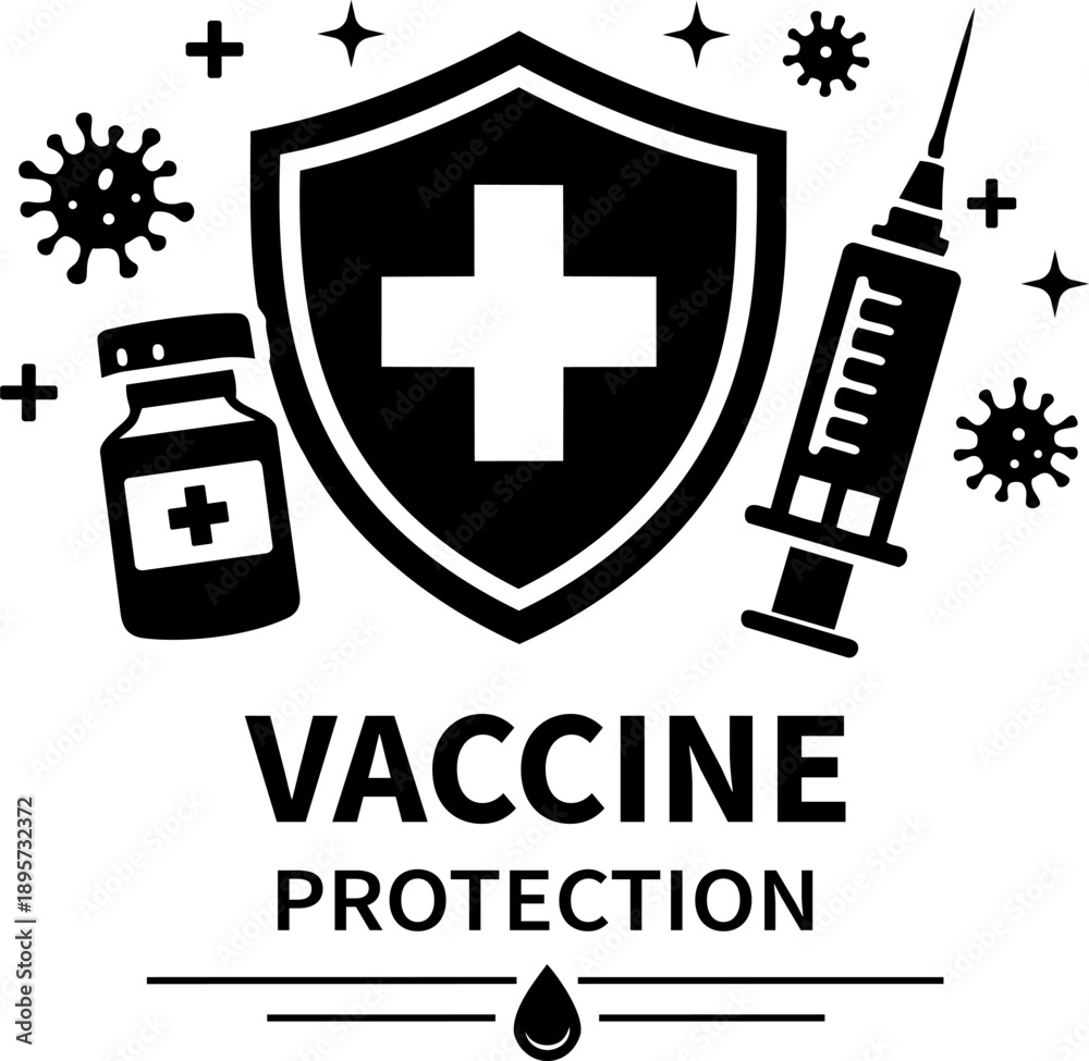 Obraz premium Vaccine Protection Immunization Shield Virus Prevention Black and White Icon