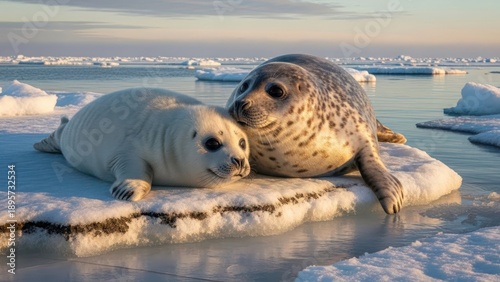 An adult seal and a younger seal rest on a floating ice floe in calm arctic waters with a serene artic