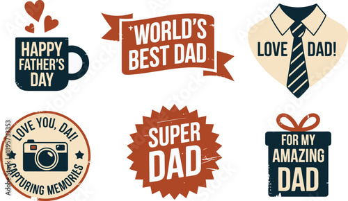Fathers Day vector badges, rustic collection with messages for dad, mug, ribbon, shirt and tie graphics