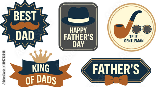 Fathers Day vintage badge collection with best dad, happy fathers day, and gentleman emblems