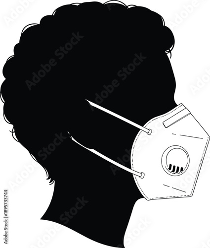 Black, silhouette, profile, of, a, person, wearing, a, white, medical, respirator, face, mask, with, a, valve, for, air, pollution, safety, and, virus, protection