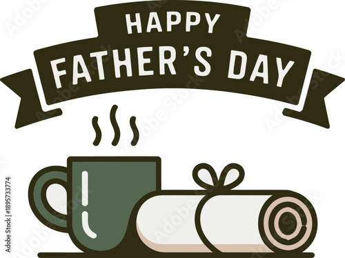 Happy Fathers Day banner card featuring a steaming coffee cup and a rolled document, vintage style