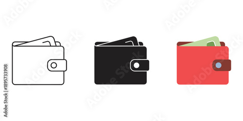Three illustrated wallets with cash and cards in different colors on white background