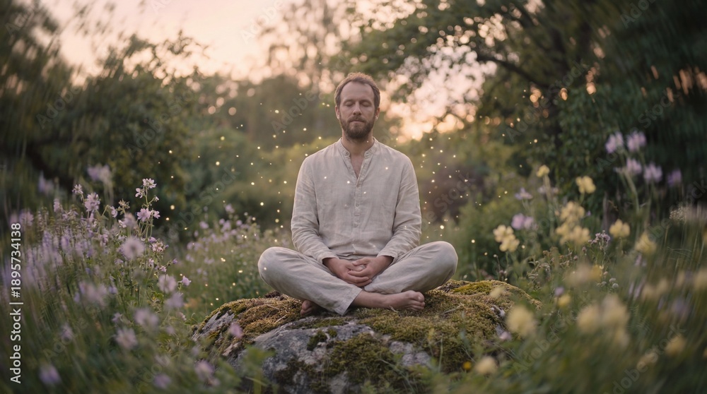 Obraz premium Man Meditating on Mossy Rock Surrounded by Wildflowers and Soft Glowing Light
