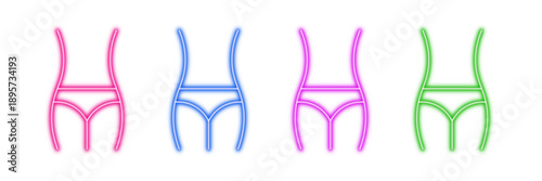 Neon glowing female waist vector icons set, weight loss, body shape, slim figure, diet, fitness, health, vibrant colorful digital design illustration on transparent background.