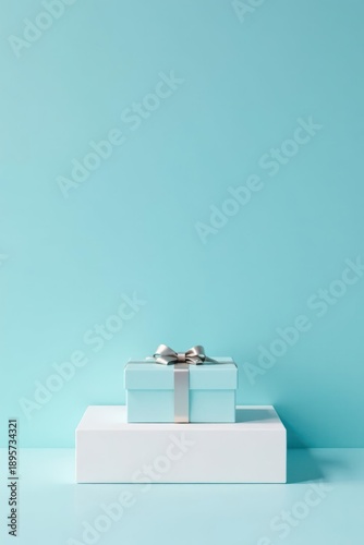 A light blue gift box with a silver ribbon sits atop a pristine white pedestal against a serene aqua backdrop.