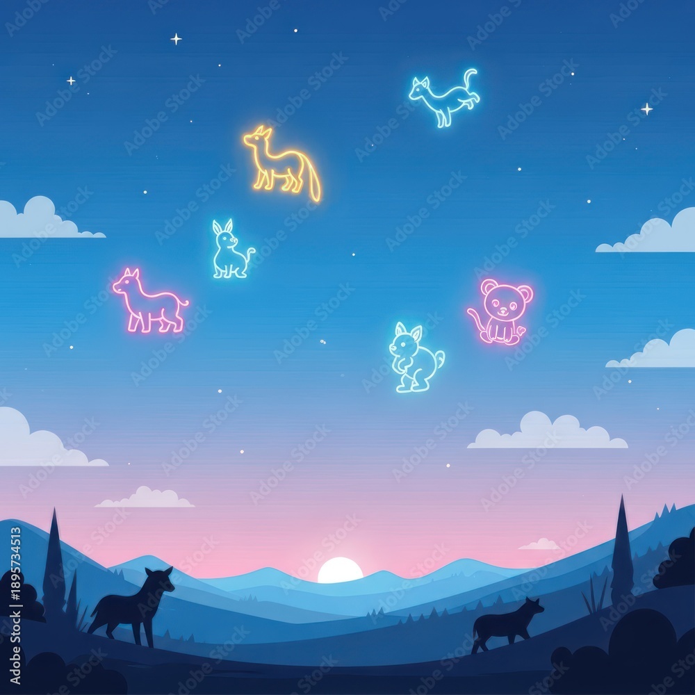 Fototapeta premium Neon animal silhouettes floating in a night sky over a mountainous landscape.