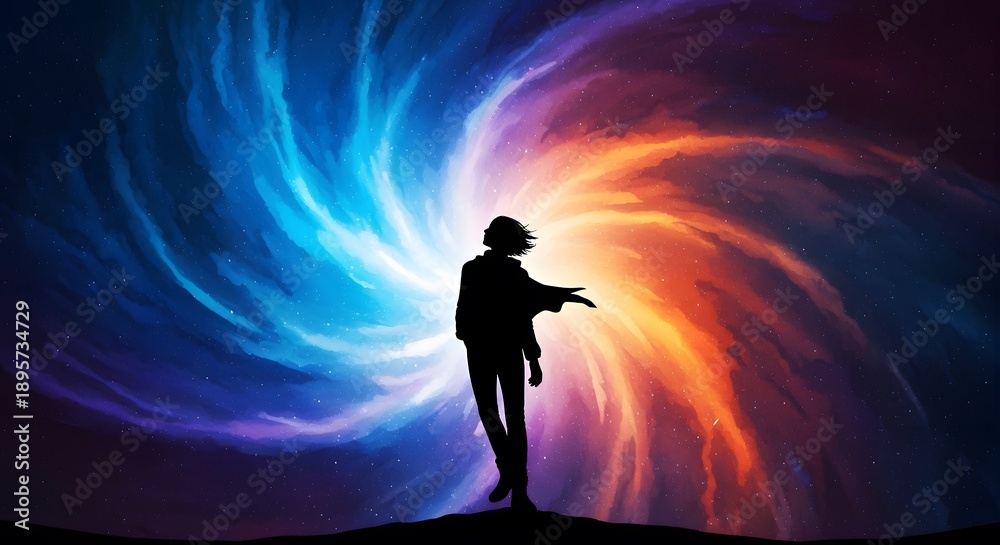 Obraz premium Silhouette of a lone person standing against a swirling, colorful nebula and starry galaxy.