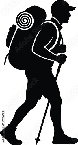 Adventurous hiker with backpack and trekking pole embarks on a journey