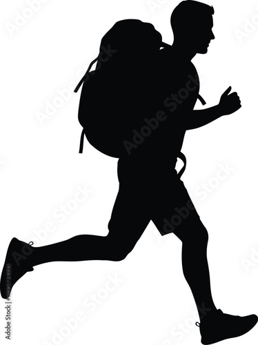 Dynamic silhouette of a male adventurer running with a large backpack on a journey