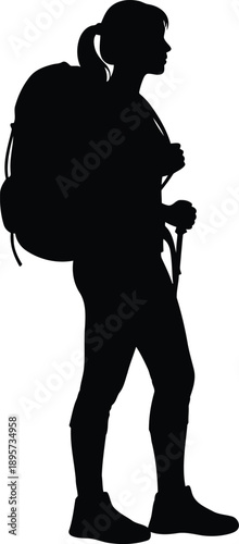 Silhouette of a female hiker with a large backpack and trekking pole on white background