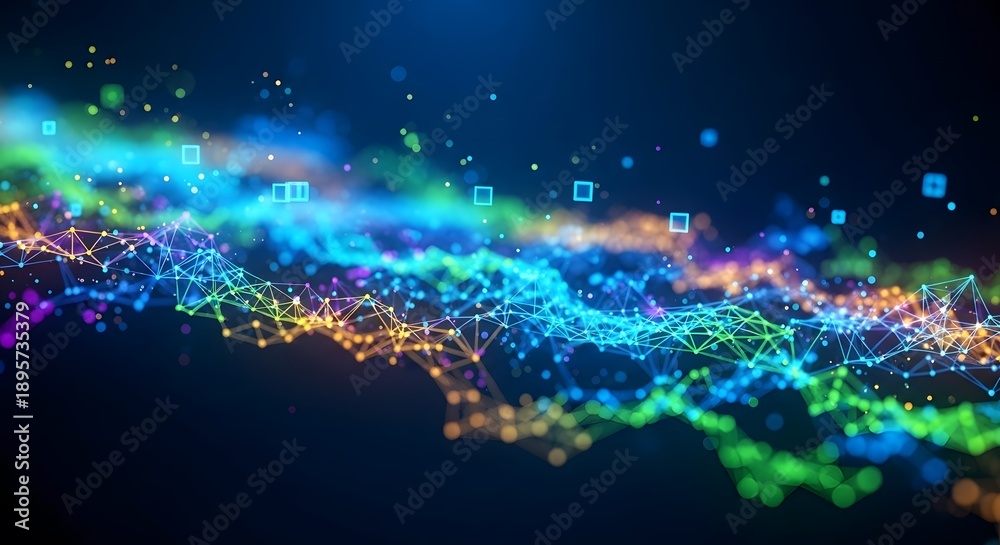 Obraz premium Abstract digital network visualization with glowing colorful nodes and lines against a dark blue background, representing data and connectivity