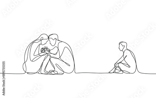 One line drawing of a couple embracing and a lonely person, contrast of connection and isolation