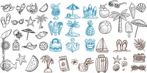 Hand Drawn Summer Vintage Icon Vector Set with Palm Tree Sun Sea Shells and Coral in Doodle Sketch Style