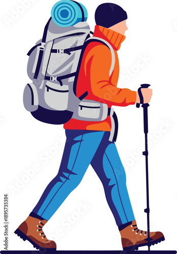 A person engaged in a hiking adventure with a large backpack and a trekking pole