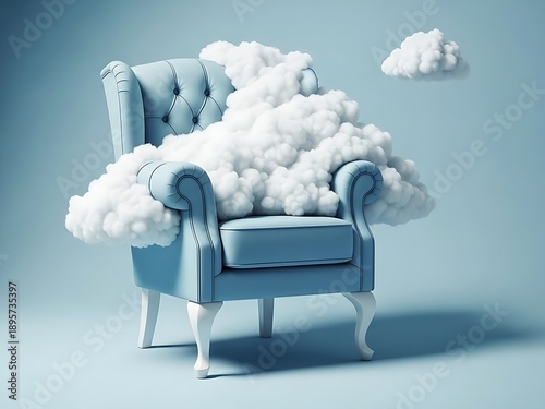 Whimsical blue velvet armchair brimming with fluffy clouds, serene comfort