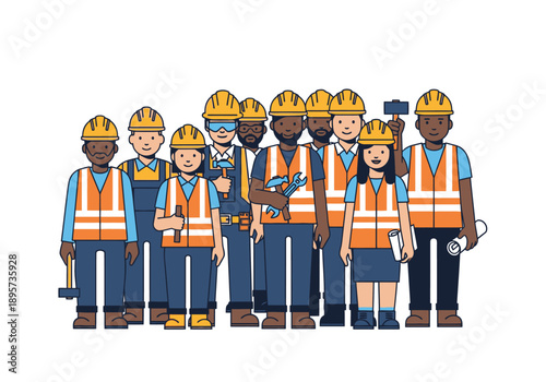 Diverse group of construction workers standing together, wearing safety gear and hard hats, in a workplace setting, viewed from the front.
