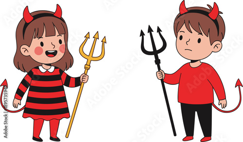 Cute Cartoon Devil Kids Character Vector Set with Halloween Costumes, Trident Pitchforks, Horns, and Playful Fantasy Illustration for Children Designs