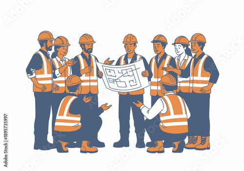 Construction team collaborating on a building project plan outdoors, discussing architectural designs and strategies