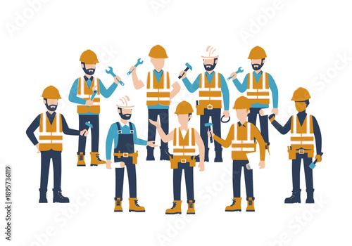 Group of construction workers in safety gear standing together, possibly discussing a project or task at a construction site, viewed from a slightly elevated angle